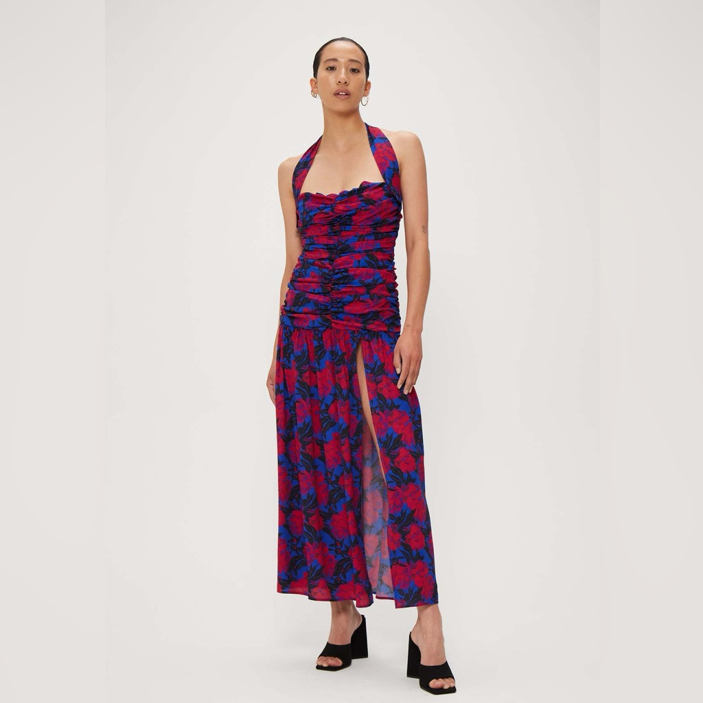 Third Form Full Bloom Gather Vibrant Halter Midi Dress In Pop Floral Sz Us 4/2